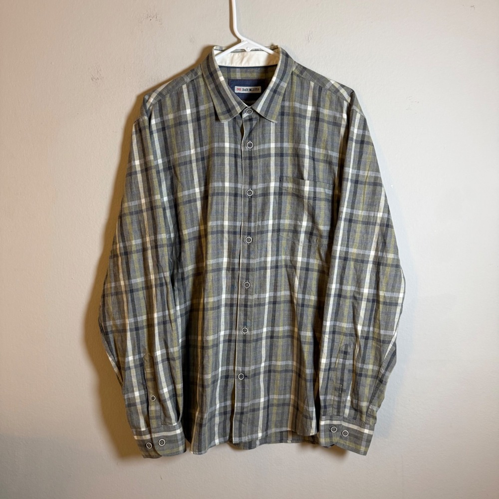 32 Bar Blues Mens Plaid Button Down Shirt Grey Olive Green Cotton Size L